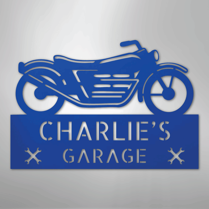 Custom Metal Wall Art - Personalized Biker Garage Name Plaque Blue
