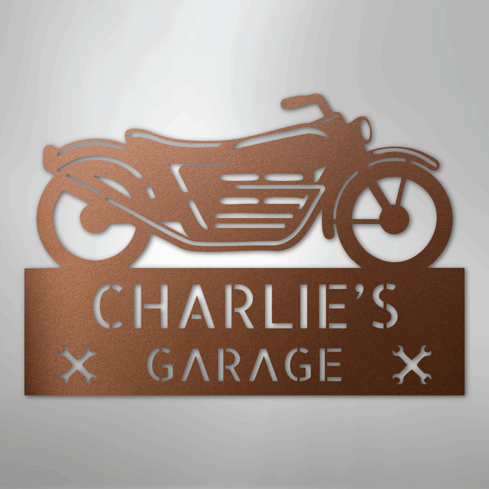 Custom Metal Wall Art - Personalized Biker Garage Name Plaque Copper