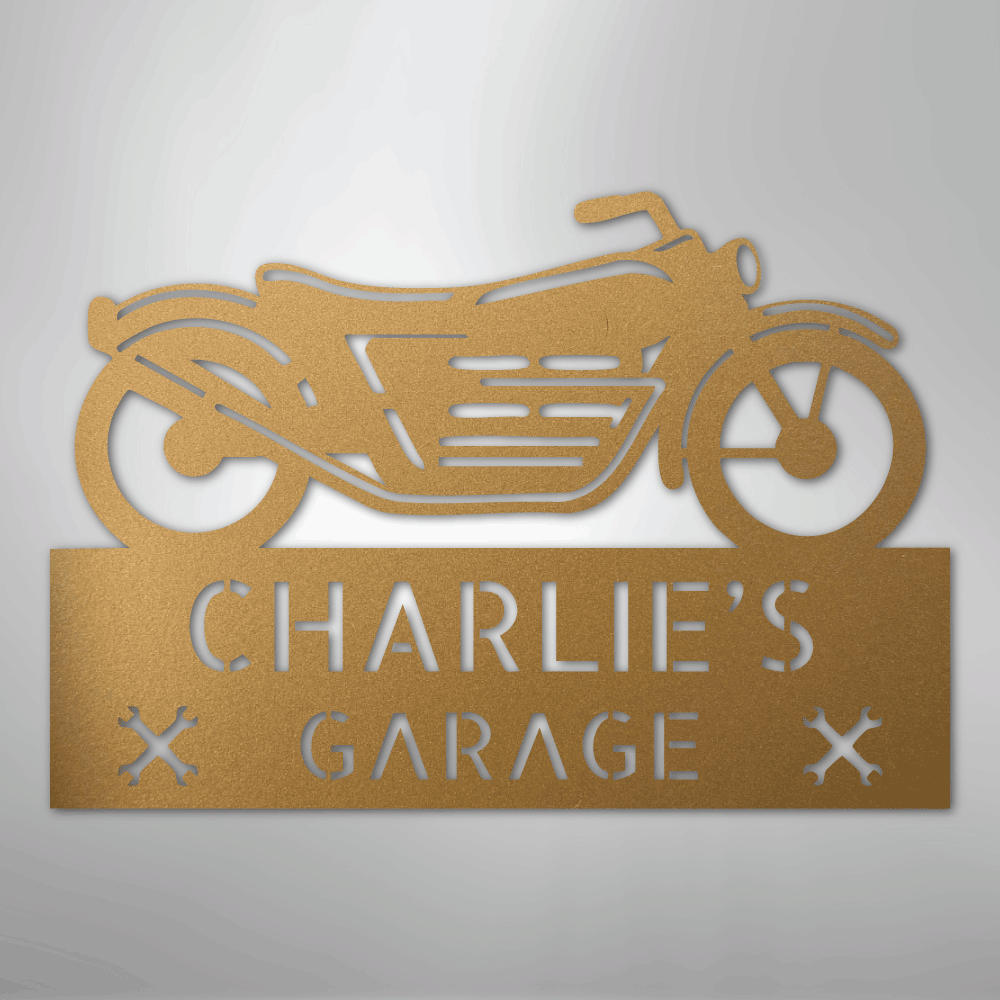 Custom Metal Wall Art - Personalized Biker Garage Name Plaque Gold