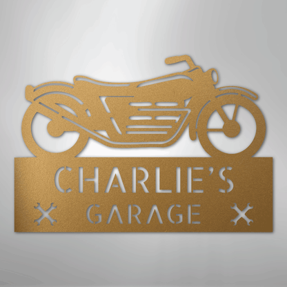 Custom Metal Wall Art - Personalized Biker Garage Name Plaque Gold