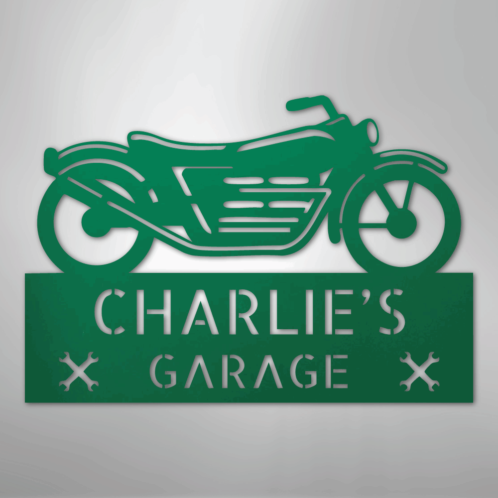 Custom Metal Wall Art - Personalized Biker Garage Name Plaque Green