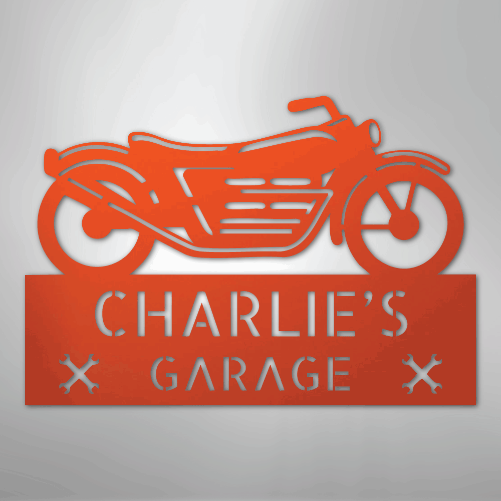 Custom Metal Wall Art - Personalized Biker Garage Name Plaque Orange