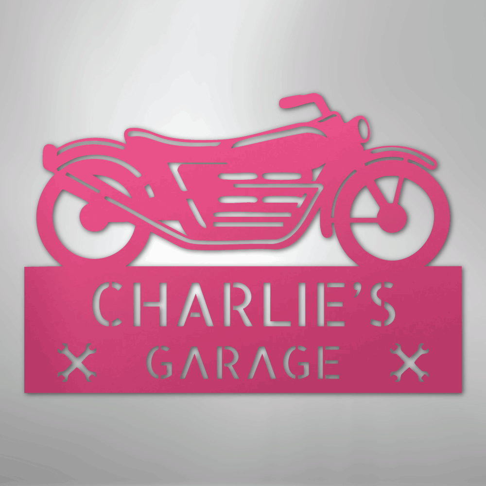 Custom Metal Wall Art - Personalized Biker Garage Name Plaque Pink