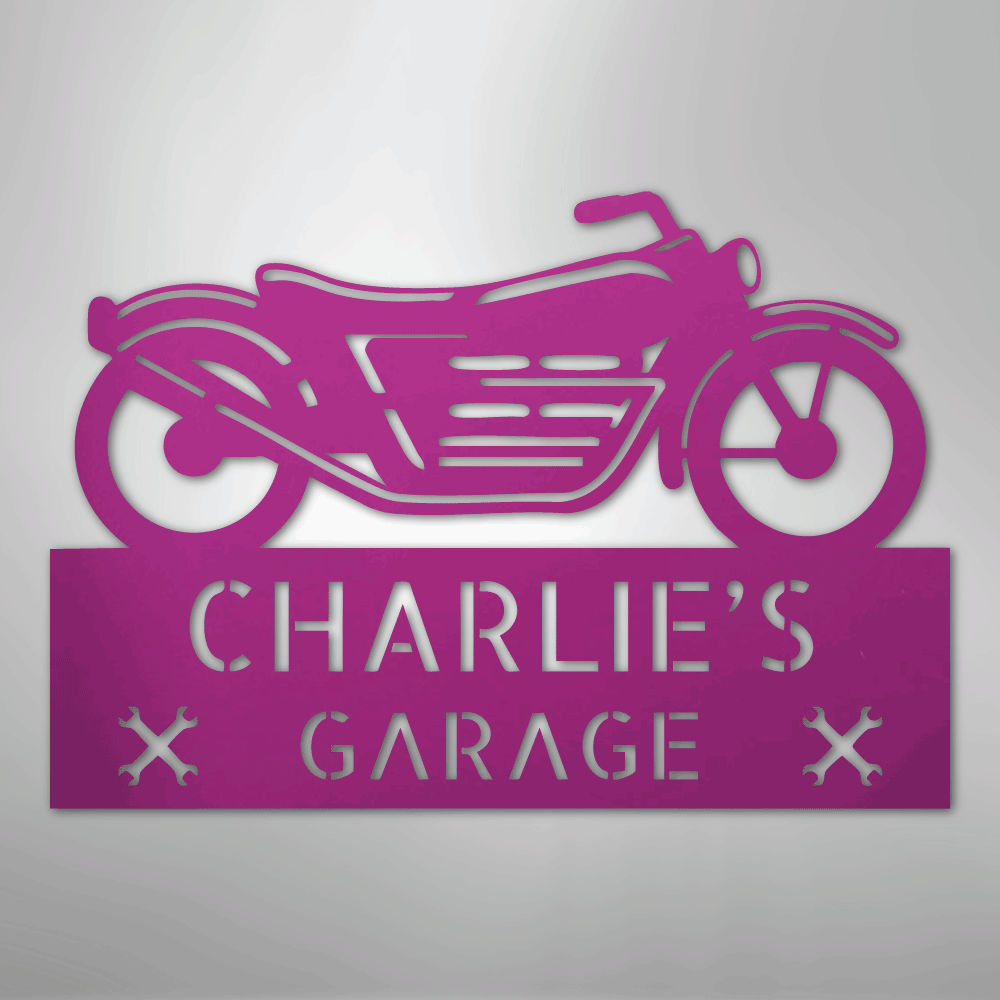 Custom Metal Wall Art - Personalized Biker Garage Name Plaque Purple