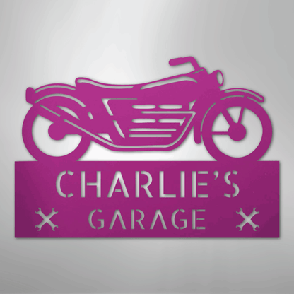 Custom Metal Wall Art - Personalized Biker Garage Name Plaque Purple