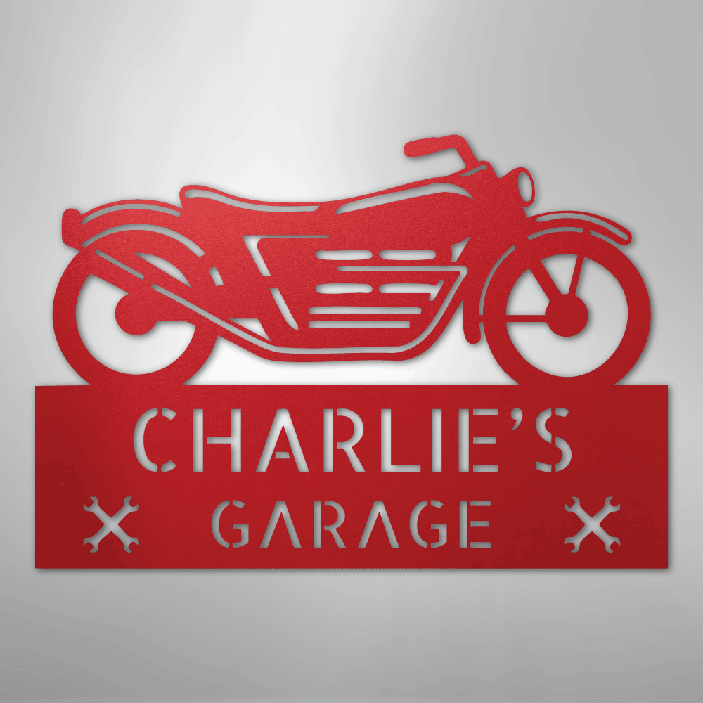 Custom Metal Wall Art - Personalized Biker Garage Name Plaque Red