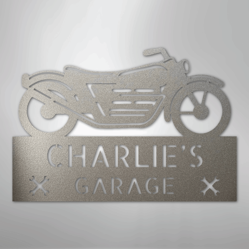 Custom Metal Wall Art - Personalized Biker Garage Name Plaque Silver