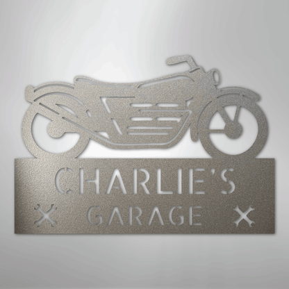Custom Metal Wall Art - Personalized Biker Garage Name Plaque Silver