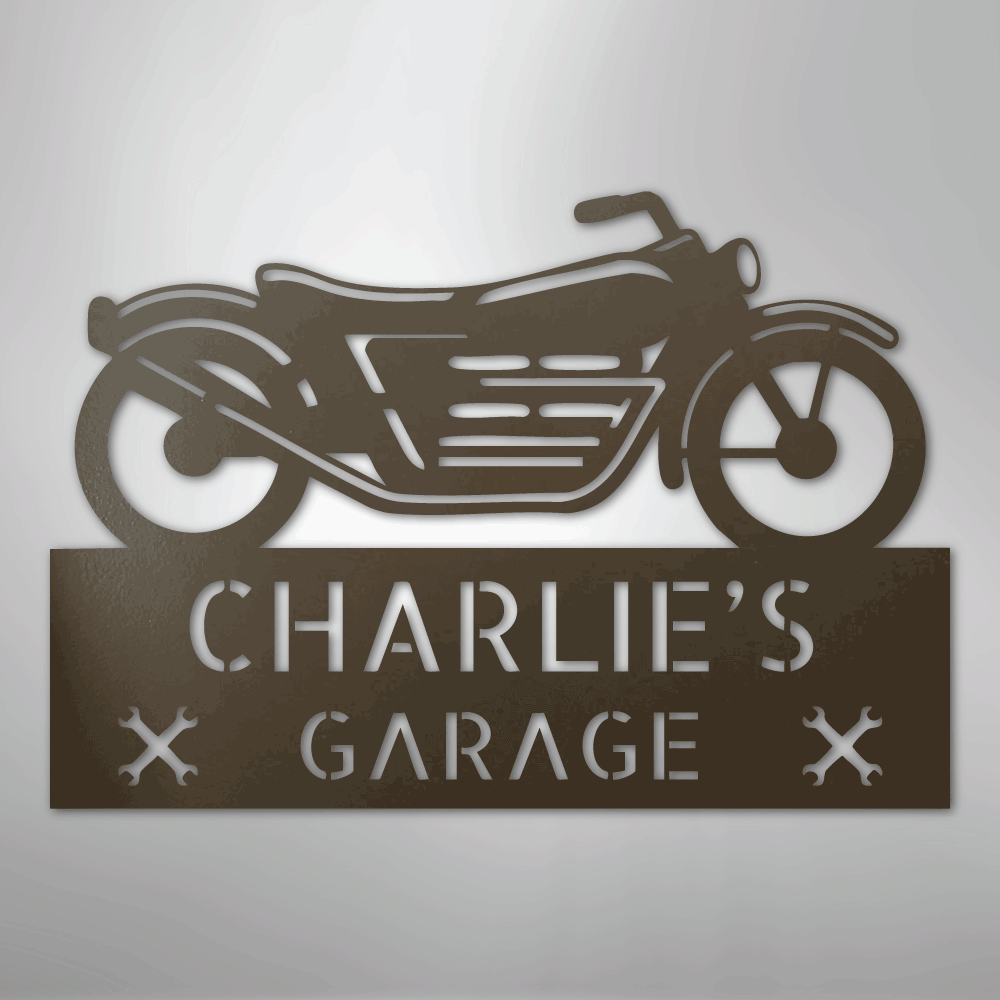 Custom Metal Wall Art - Personalized Biker Garage Name Plaque Stone
