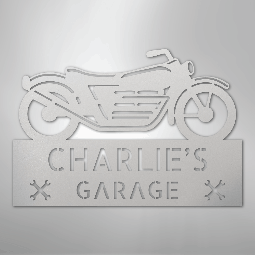 Custom Metal Wall Art - Personalized Biker Garage Name Plaque White