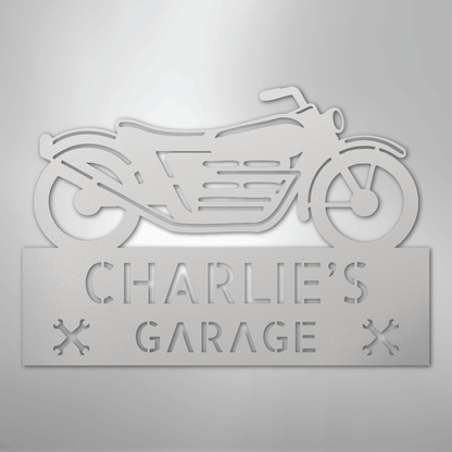 Custom Metal Wall Art - Personalized Biker Garage Name Plaque White