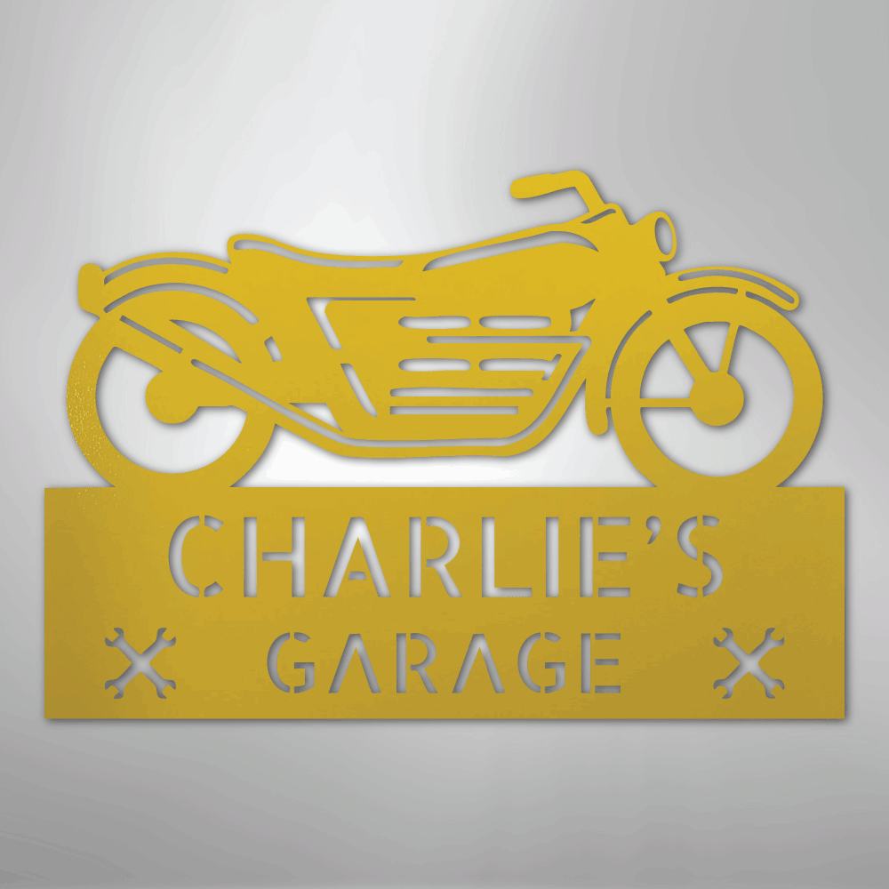 Custom Metal Wall Art - Personalized Biker Garage Name Plaque Yellow