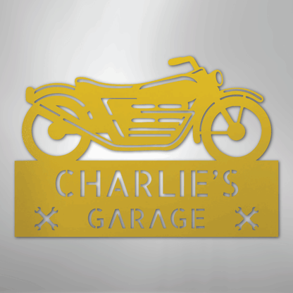 Custom Metal Wall Art - Personalized Biker Garage Name Plaque Yellow