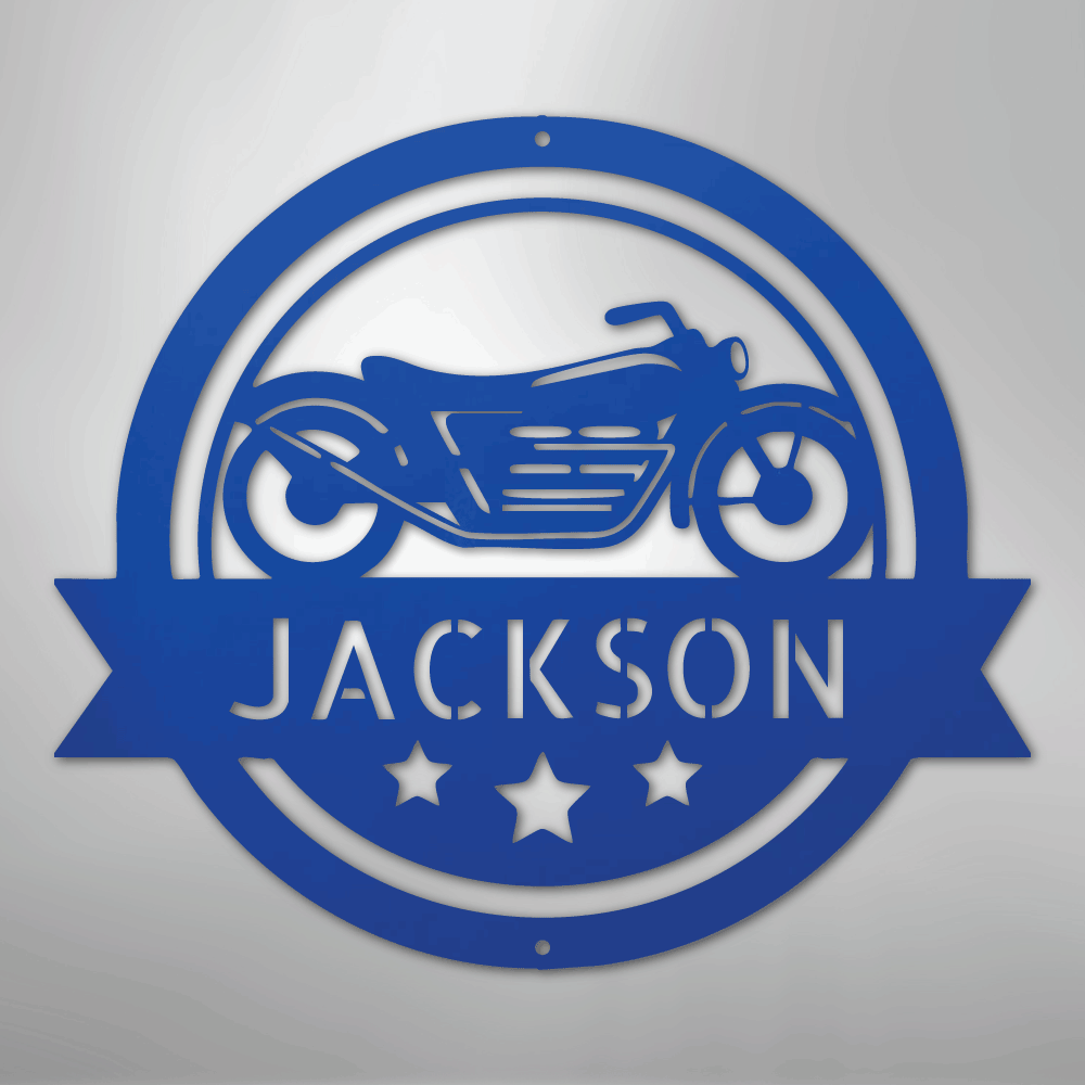 Custom Metal Wall Art - Personalized Motorcycle Name Monogram Sign Blue