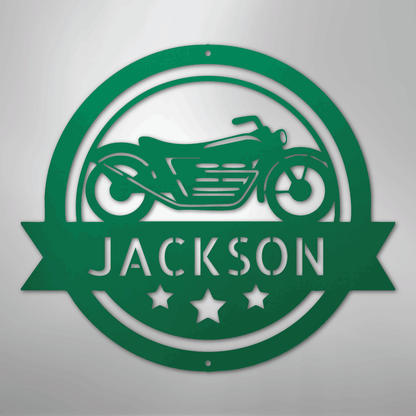 Custom Metal Wall Art - Personalized Motorcycle Name Monogram Sign Green