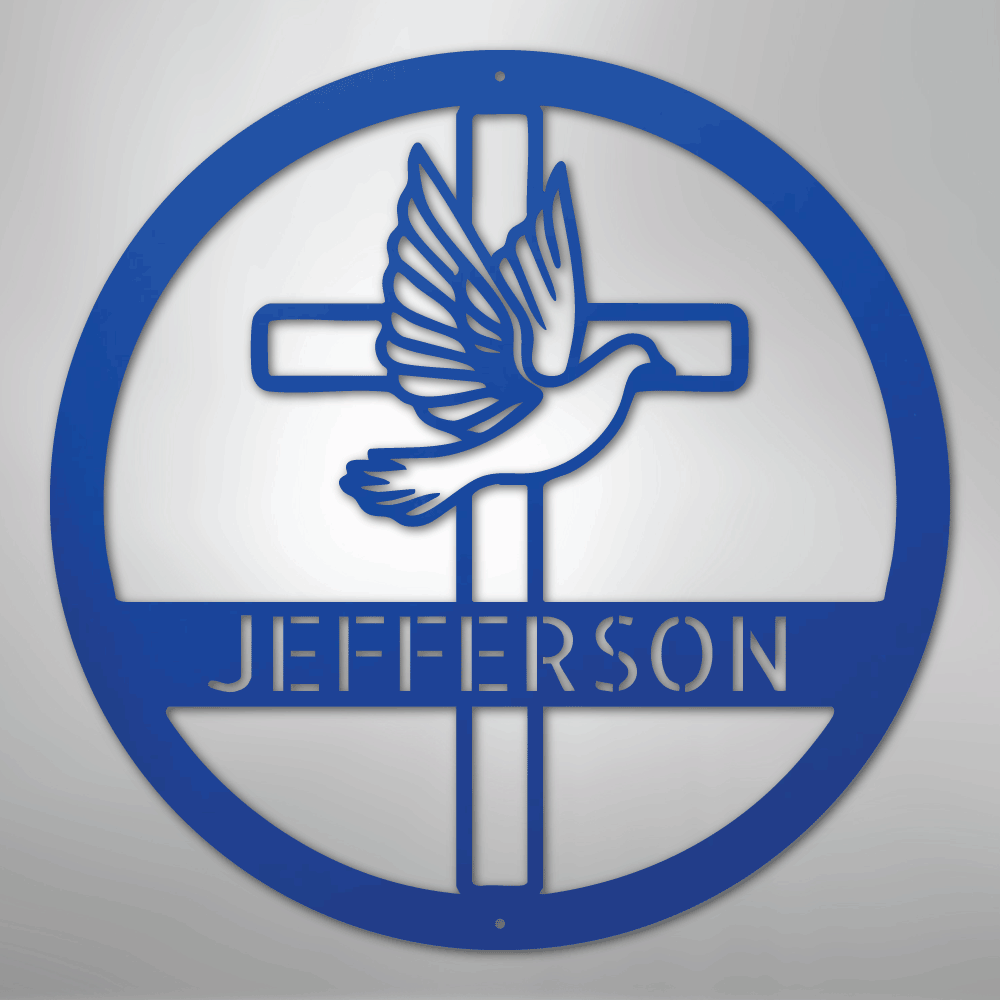 Custom Metal Wall Art - Personalized Cross and Dove Monogram Sign Blue