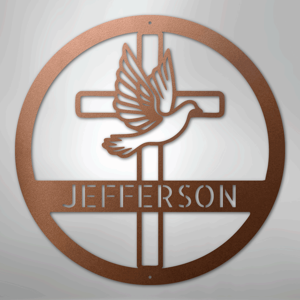 Custom Metal Wall Art - Personalized Cross and Dove Monogram Sign Copper