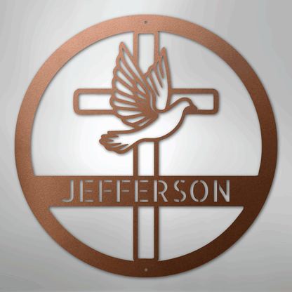Custom Metal Wall Art - Personalized Cross and Dove Monogram Sign Copper