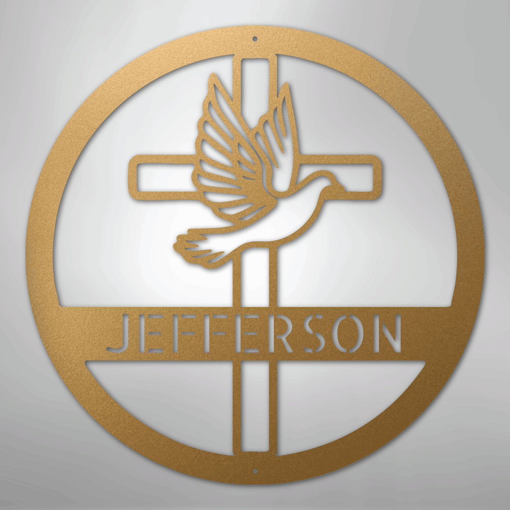 Custom Metal Wall Art - Personalized Cross and Dove Monogram Sign Gold