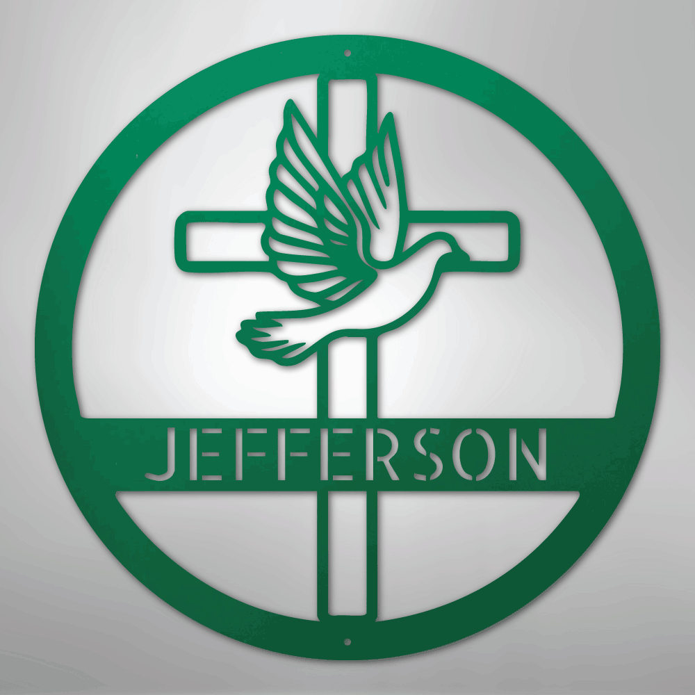 Custom Metal Wall Art - Personalized Cross and Dove Monogram Sign Green