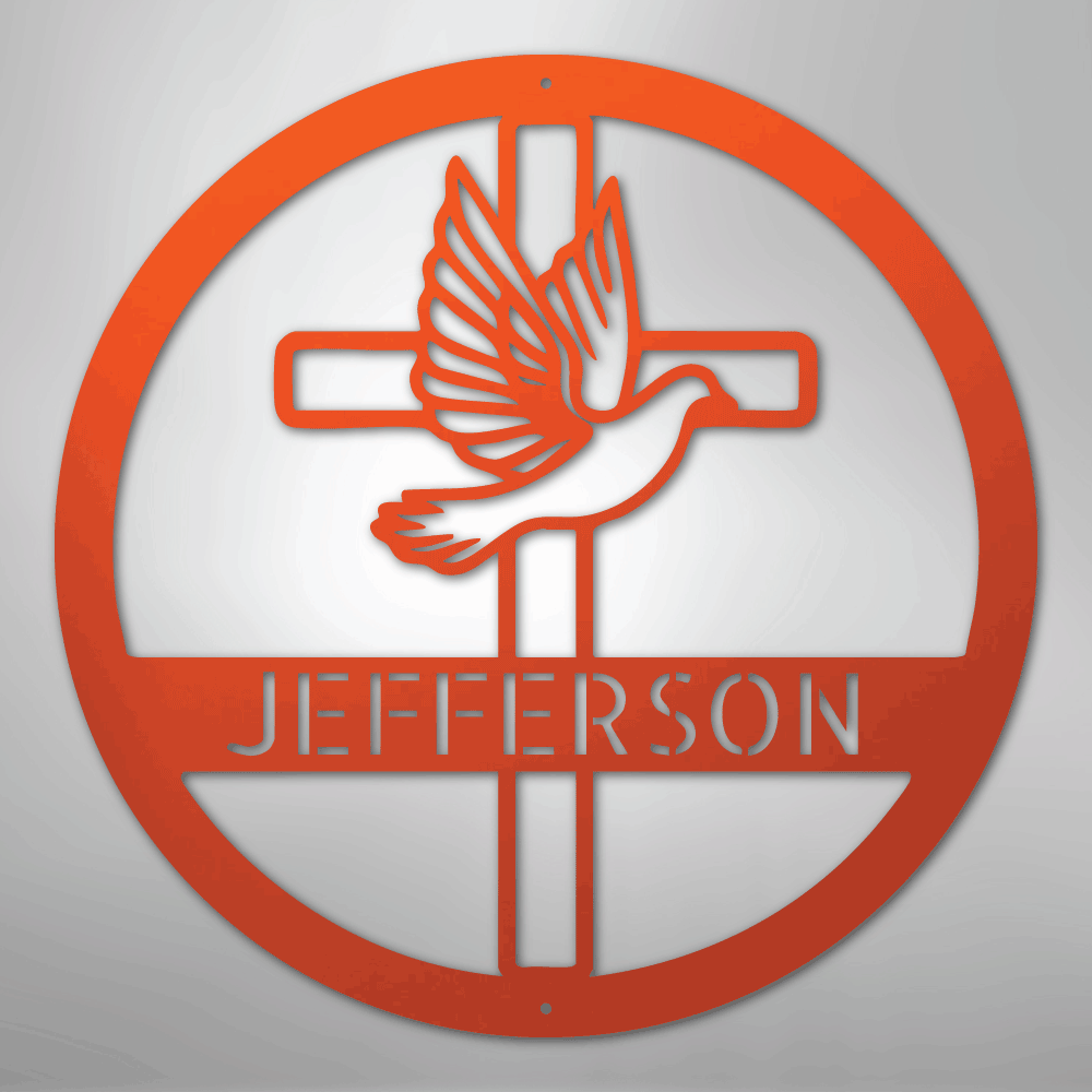 Custom Metal Wall Art - Personalized Cross and Dove Monogram Sign Orange