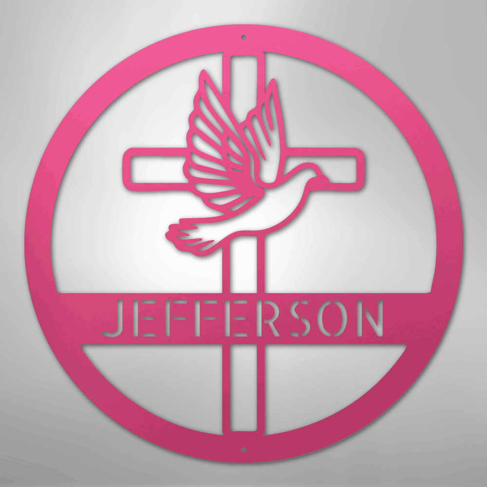 Custom Metal Wall Art - Personalized Cross and Dove Monogram Sign Pink