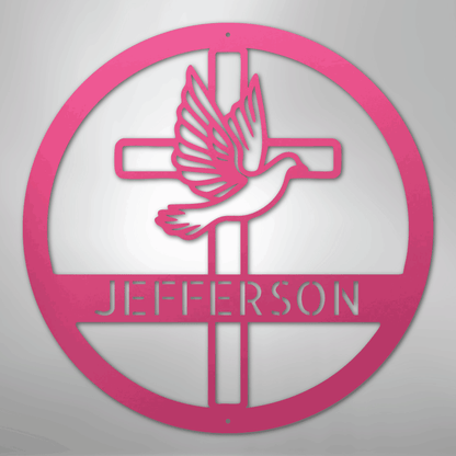 Custom Metal Wall Art - Personalized Cross and Dove Monogram Sign Pink