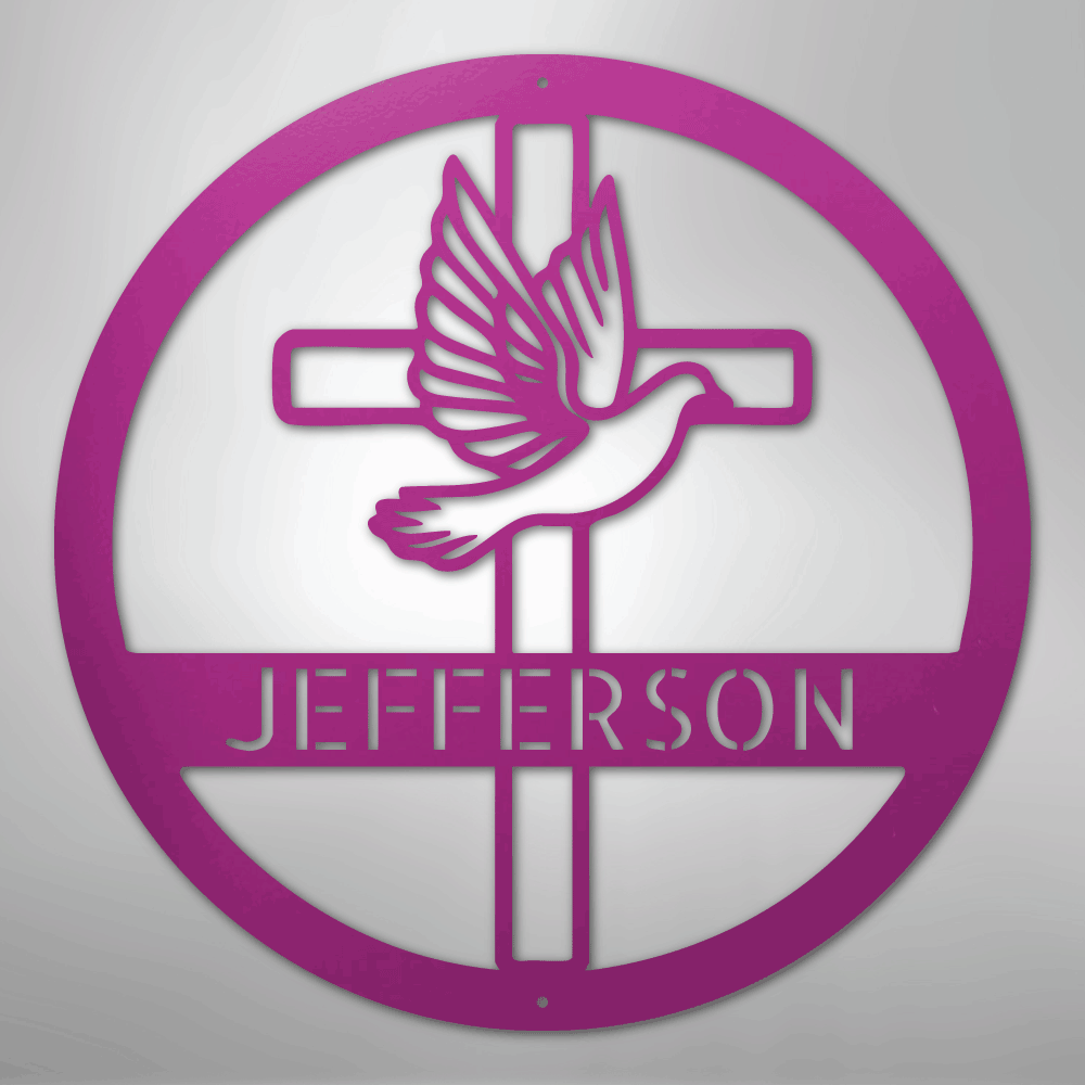 Custom Metal Wall Art - Personalized Cross and Dove Monogram Sign Purple