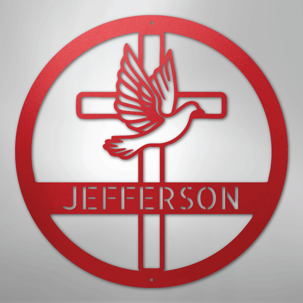 Custom Metal Wall Art - Personalized Cross and Dove Monogram Sign Red