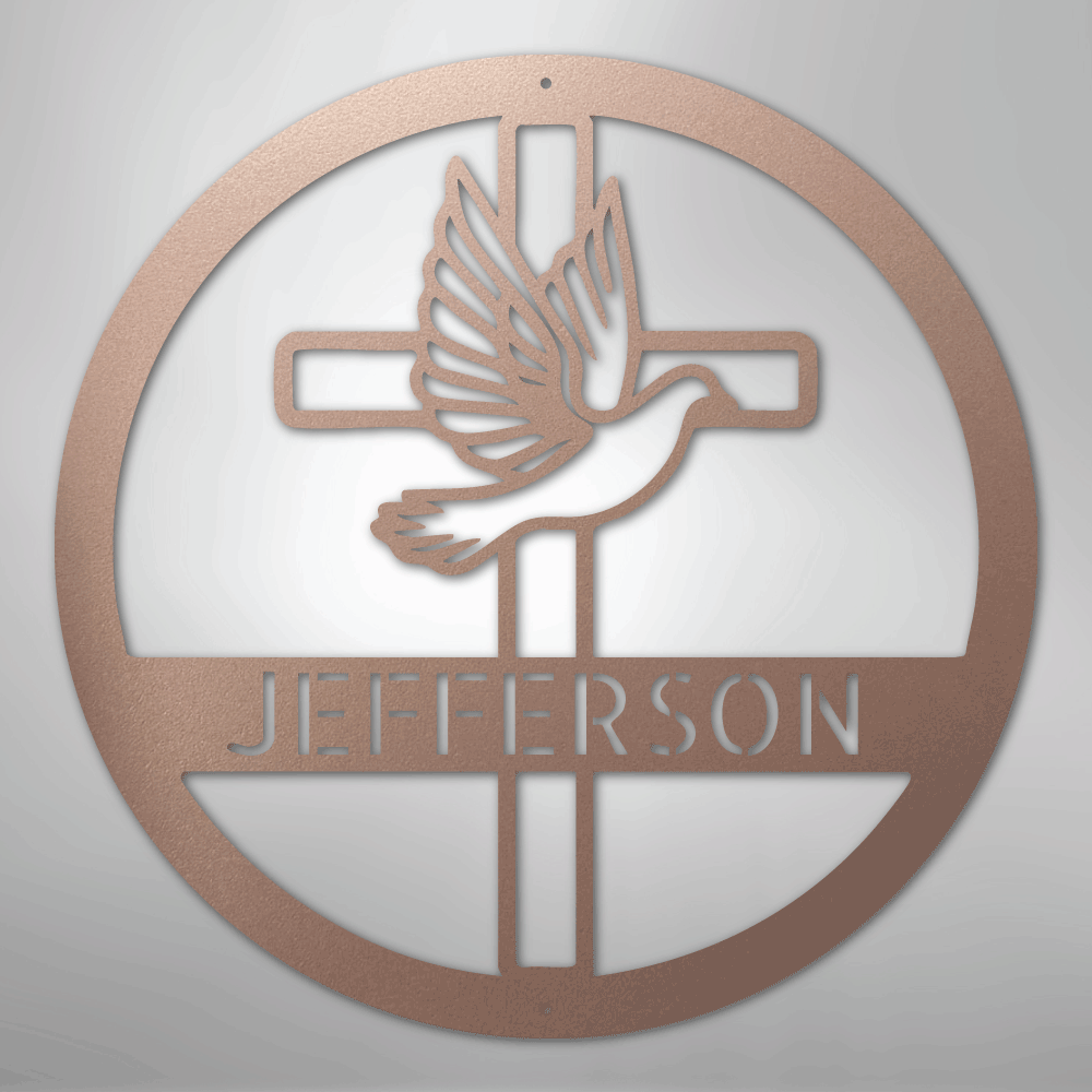 Custom Metal Wall Art - Personalized Cross and Dove Monogram Sign Rose