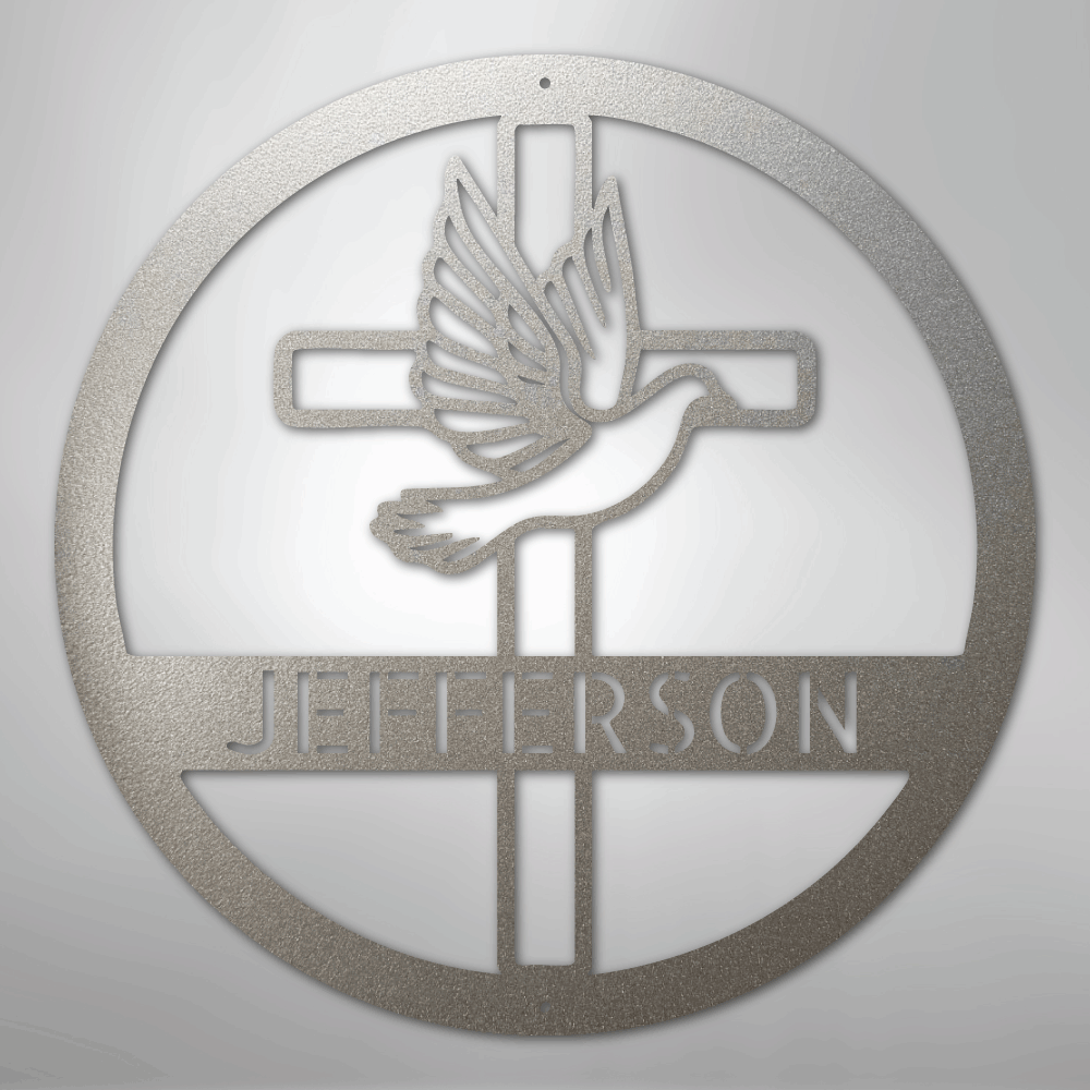 Custom Metal Wall Art - Personalized Cross and Dove Monogram Sign Silver