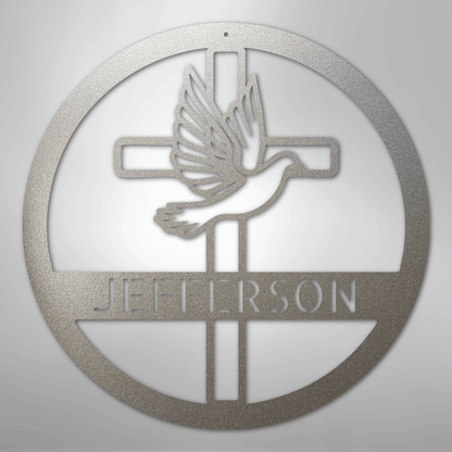Custom Metal Wall Art - Personalized Cross and Dove Monogram Sign Silver