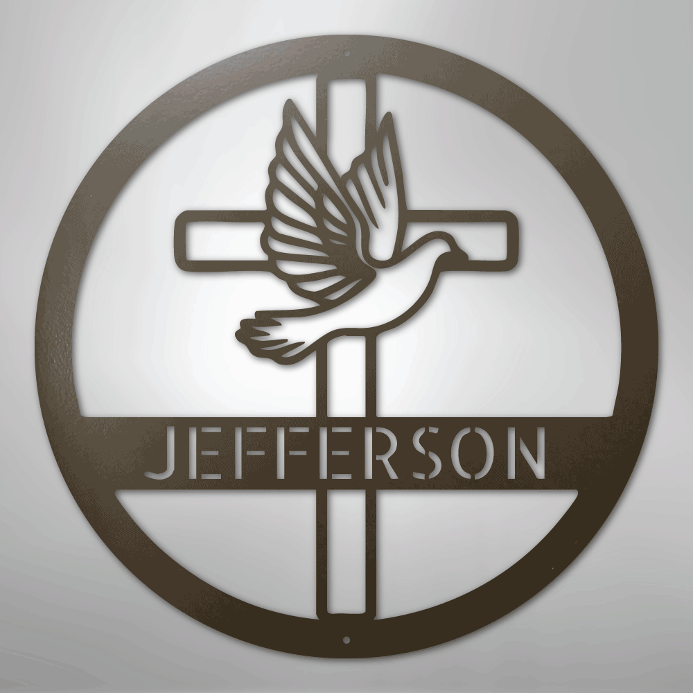 Custom Metal Wall Art - Personalized Cross and Dove Monogram Sign Stone