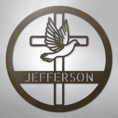 Custom Metal Wall Art - Personalized Cross and Dove Monogram Sign Stone
