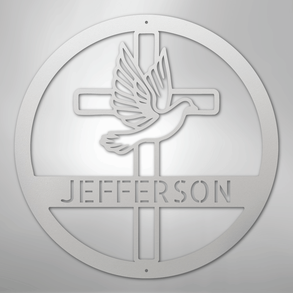 Custom Metal Wall Art - Personalized Cross and Dove Monogram Sign White