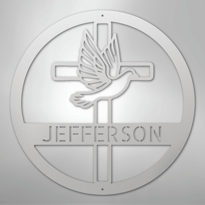 Custom Metal Wall Art - Personalized Cross and Dove Monogram Sign White