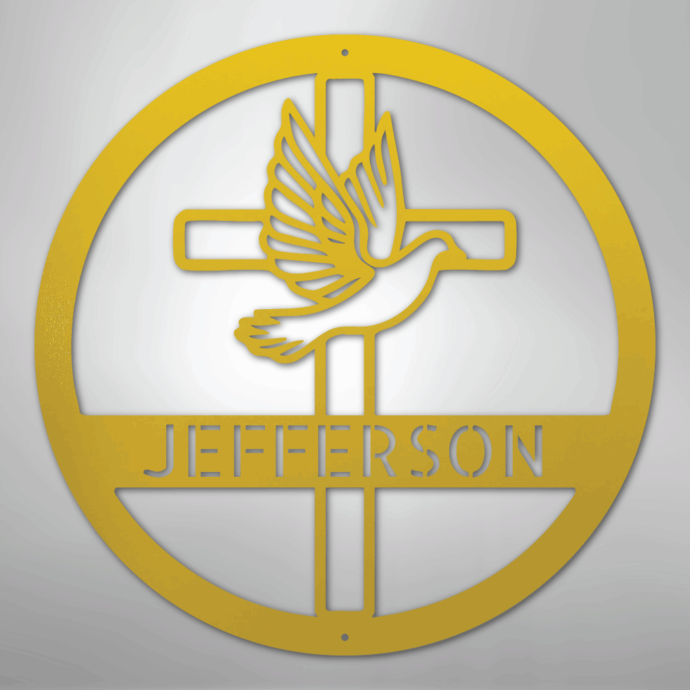 Custom Metal Wall Art - Personalized Cross and Dove Monogram Sign Yellow