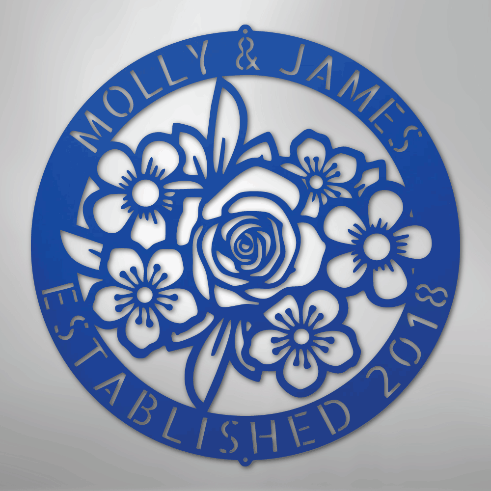 Custom Metal Wall Art - Personalized Floral Name Sign Blue