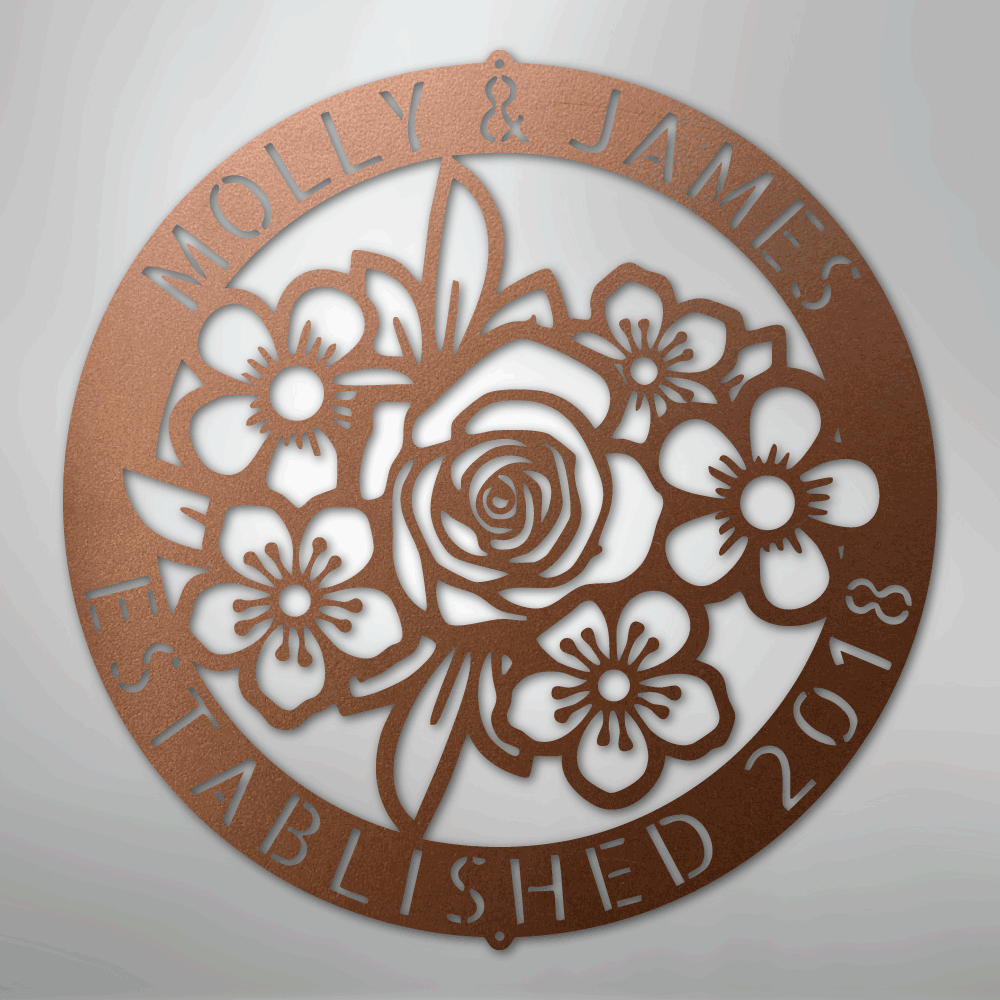 Custom Metal Wall Art - Personalized Floral Name Sign Copper