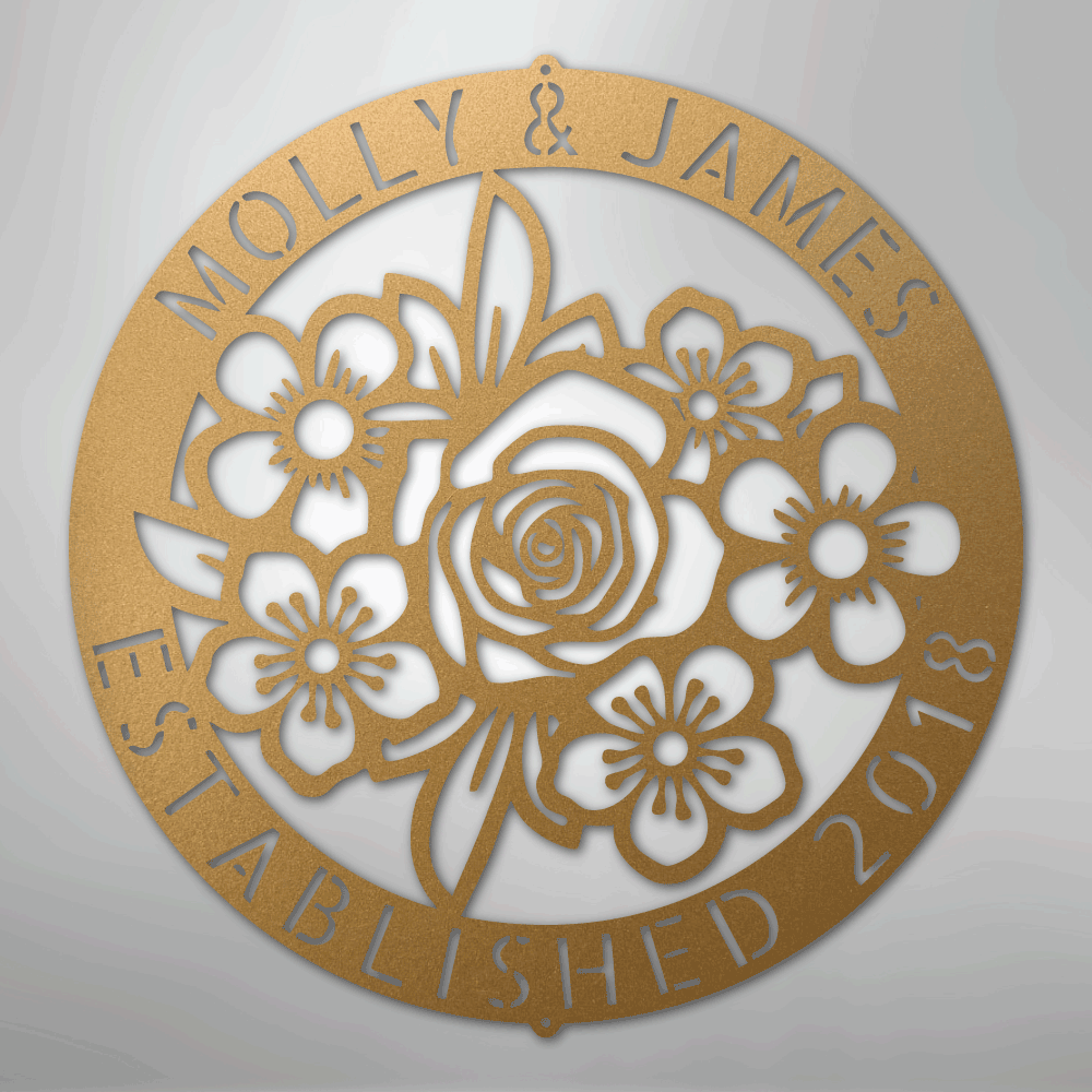 Custom Metal Wall Art - Personalized Floral Name Sign Gold