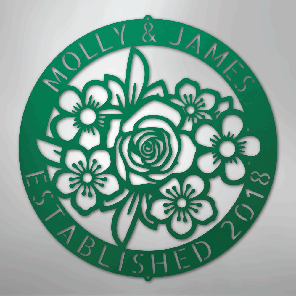 Custom Metal Wall Art - Personalized Floral Name Sign Green