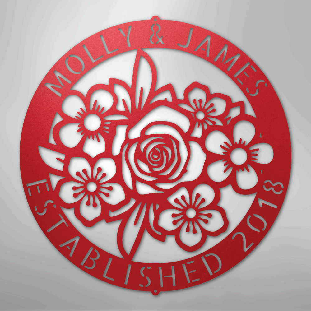 Custom Metal Wall Art - Personalized Floral Name Sign Red