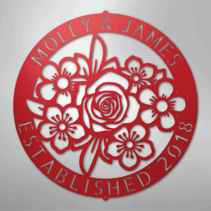Custom Metal Wall Art - Personalized Floral Name Sign Red