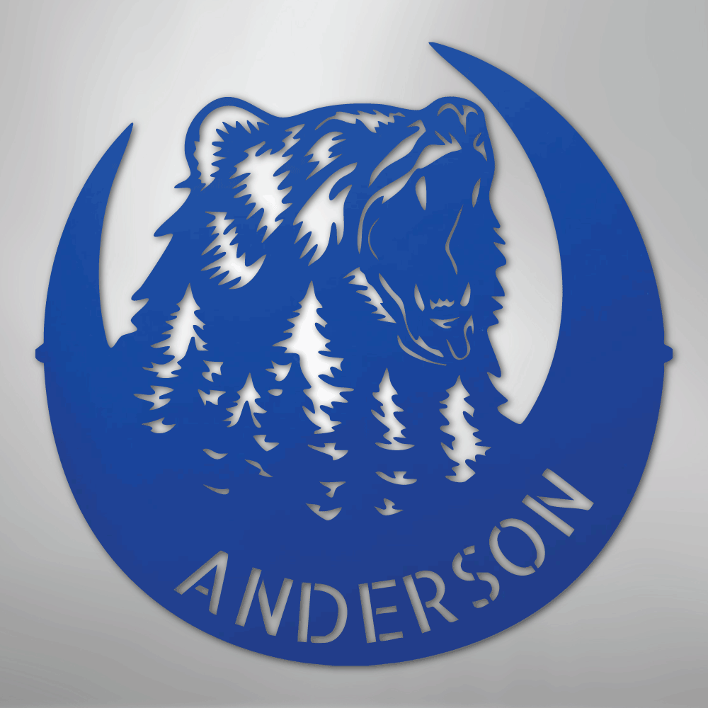 Custom Metal Wall Art - Personalized Grizzly Bear Monogram Sign Blue