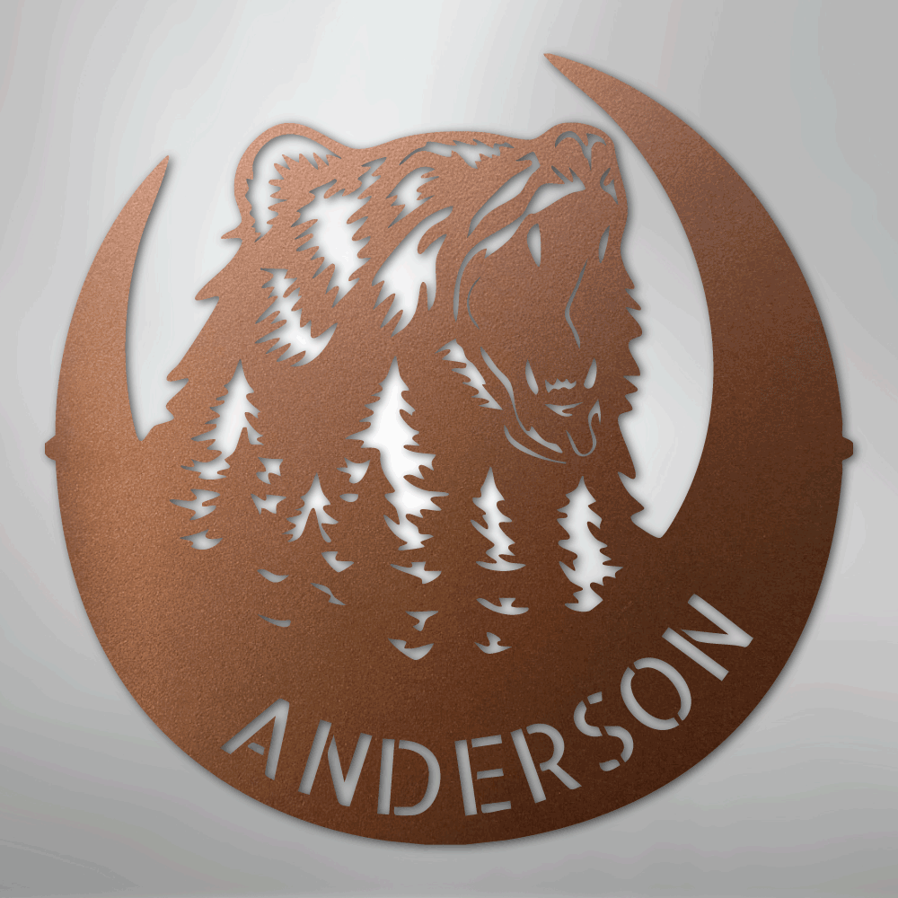 Custom Metal Wall Art - Personalized Grizzly Bear Monogram Sign Copper