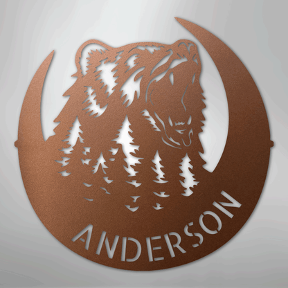 Custom Metal Wall Art - Personalized Grizzly Bear Monogram Sign Copper