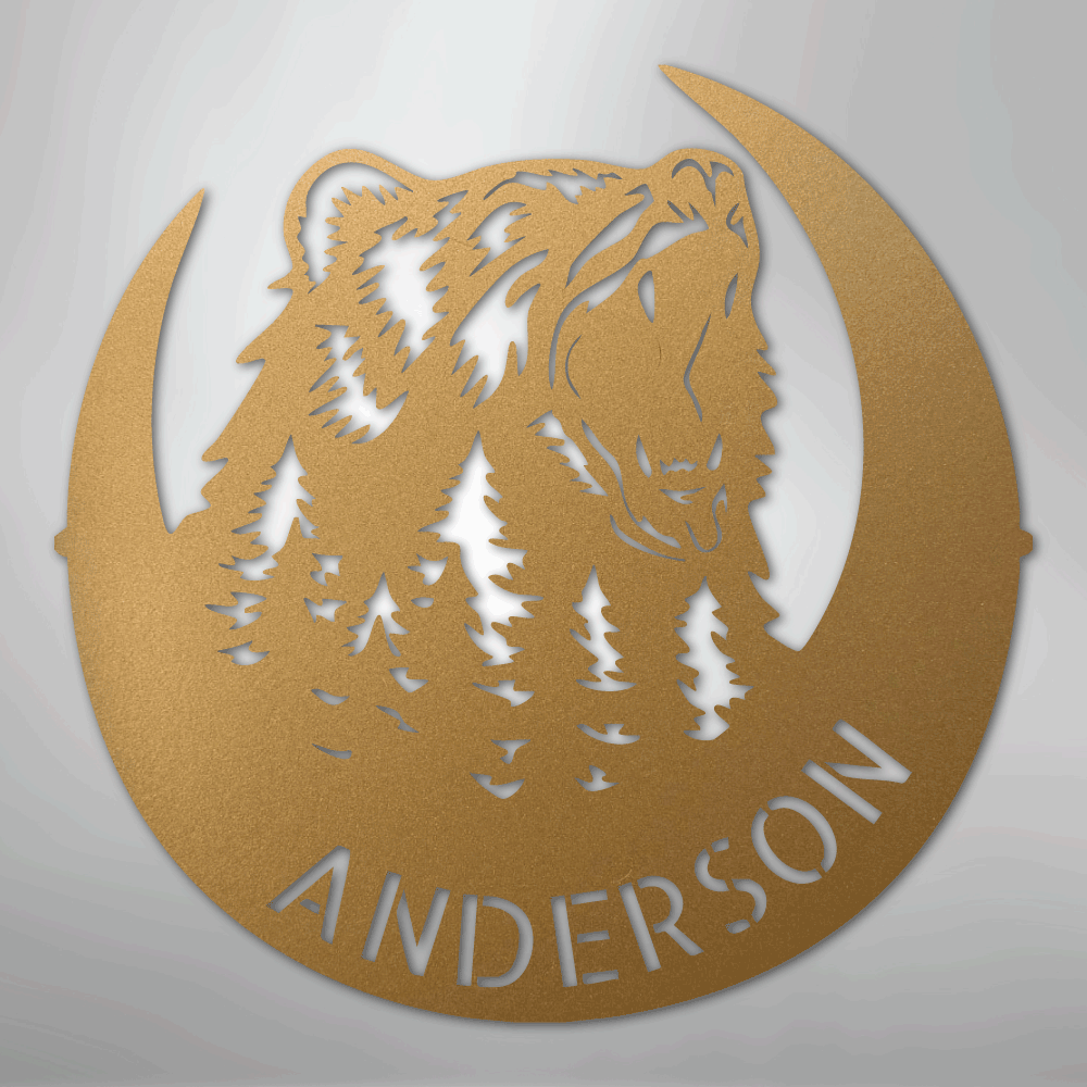 Custom Metal Wall Art - Personalized Grizzly Bear Monogram Sign Gold