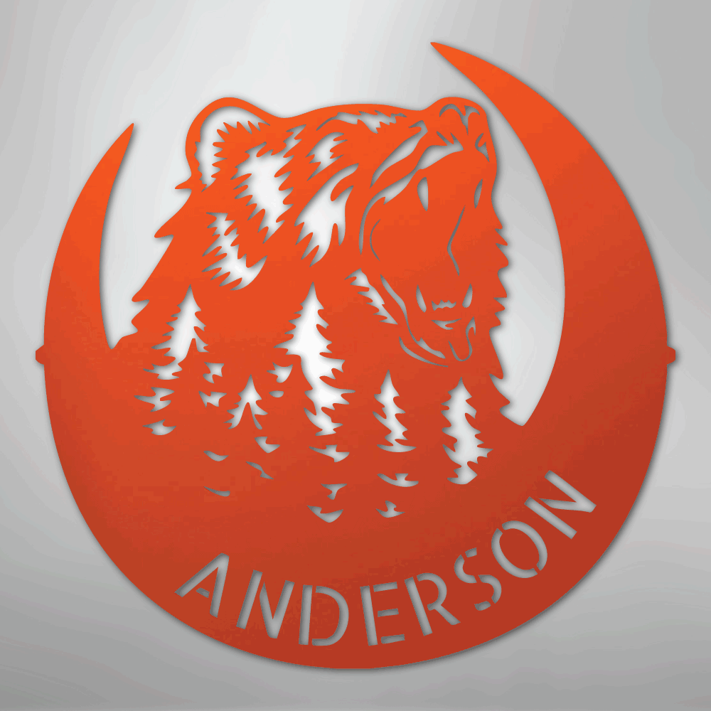 Custom Metal Wall Art - Personalized Grizzly Bear Monogram Sign Orange
