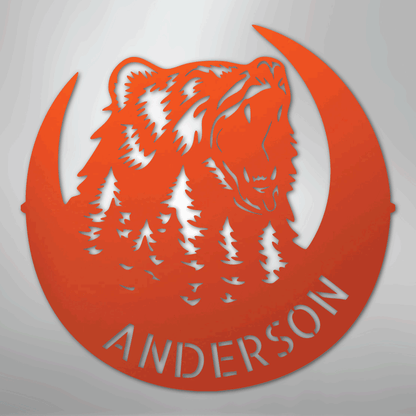 Custom Metal Wall Art - Personalized Grizzly Bear Monogram Sign Orange