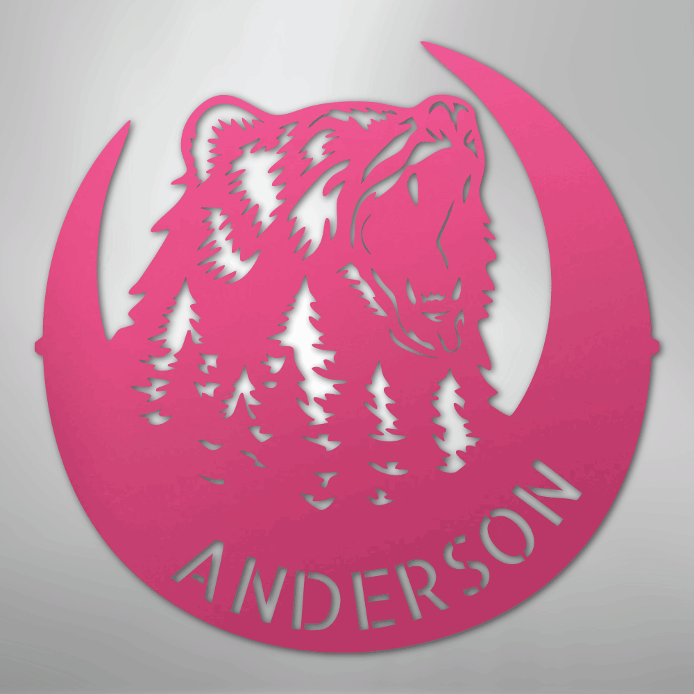 Custom Metal Wall Art - Personalized Grizzly Bear Monogram Sign Pink
